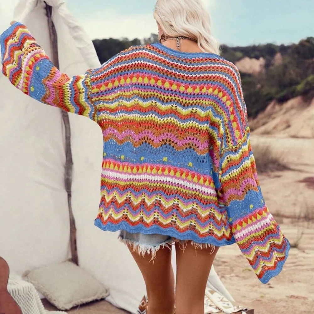 Cozy Multicolor Chevron Color Block Oversized Sweater Top